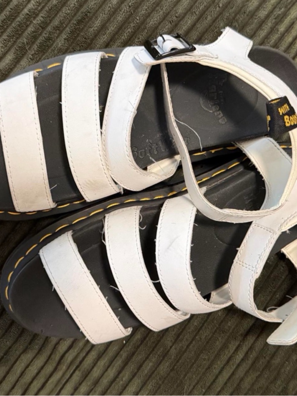Dr. Martens White Strappy Kids Sandals with Yellow Stitching